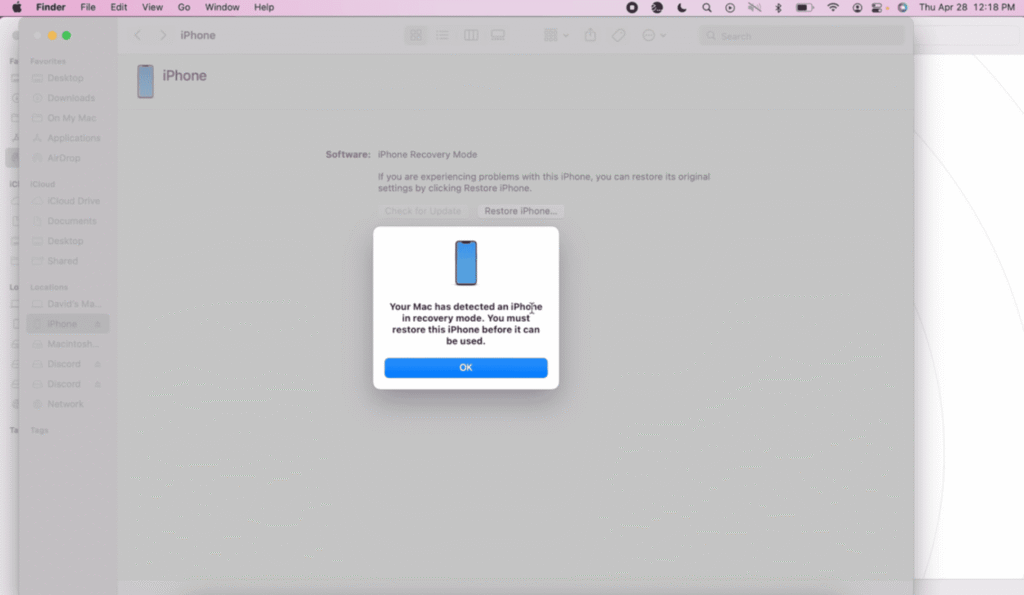 Apple Configurator restore interface