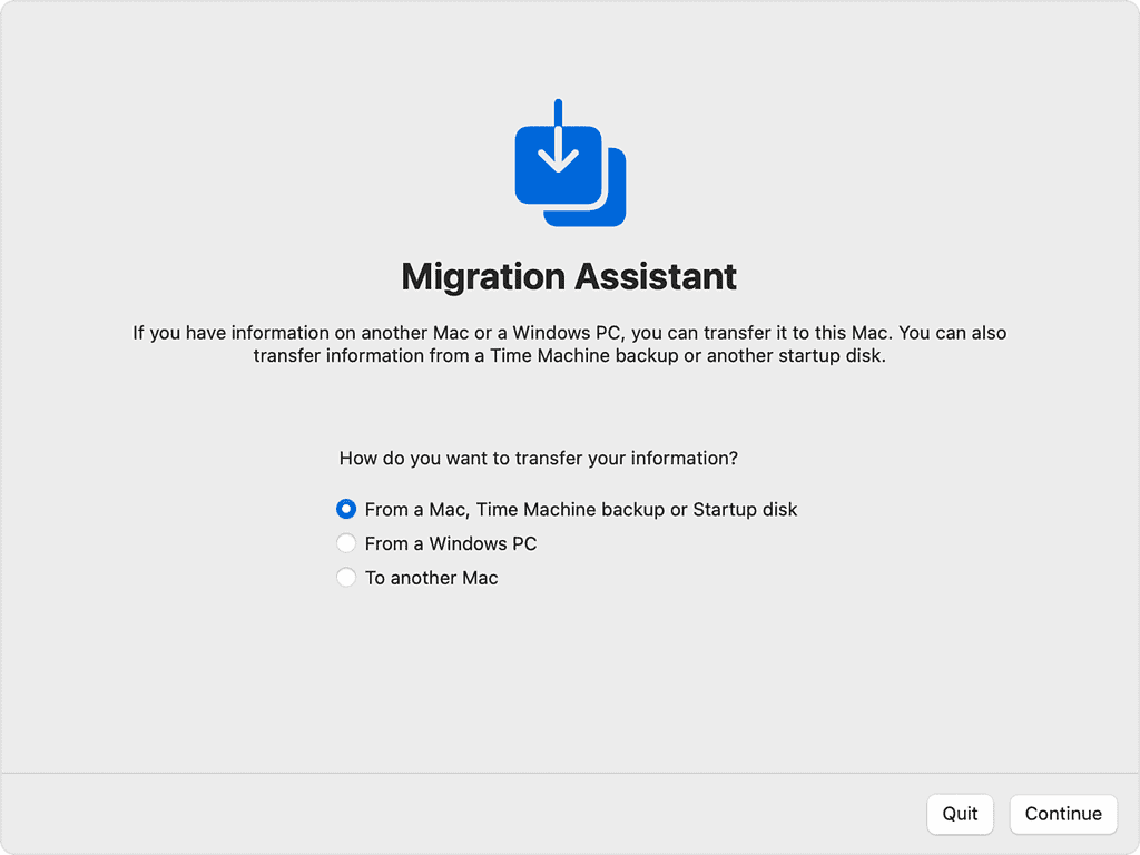 Apple Migration Assistant menu on macOS showing three options: transfer from a Mac or Time Machine, transfer from a Windows PC, or transfer to another Mac.