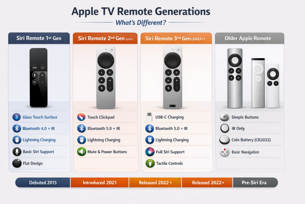 Infographic comparing Apple TV remotes across generations: Siri Remote 1st Gen (2015), Siri Remote 2nd Gen (2021), Siri Remote 3rd Gen (2022+), and Older Apple Remote. Shows side-by-side illustrations with key features including design, navigation, buttons, connectivity, battery, Siri support, and ergonomics.