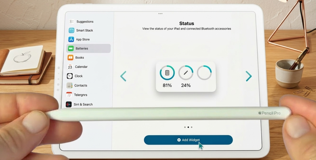 Screenshot showing how to check the battery status of an Apple Pencil Pro and an iPad Pro using the native Batteries Widget interface. Hands hold an Apple Pencil Pro in the foreground against an iPad screen displaying widget settings on a wooden desk.