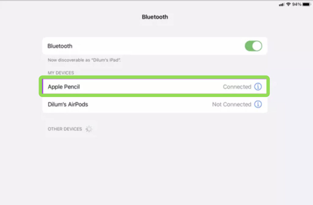 iPad Bluetooth settings screen with a green box highlighting the Apple Pencil listed as 'Connected' under My Devices.