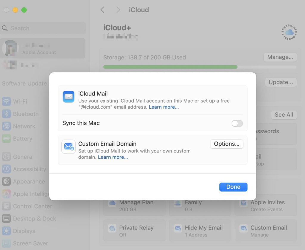 macOS System Settings dialog box showing the iCloud Mail setup screen with options for 'Sync this Mac' and 'Custom Email Domain' on Guide4Mac.