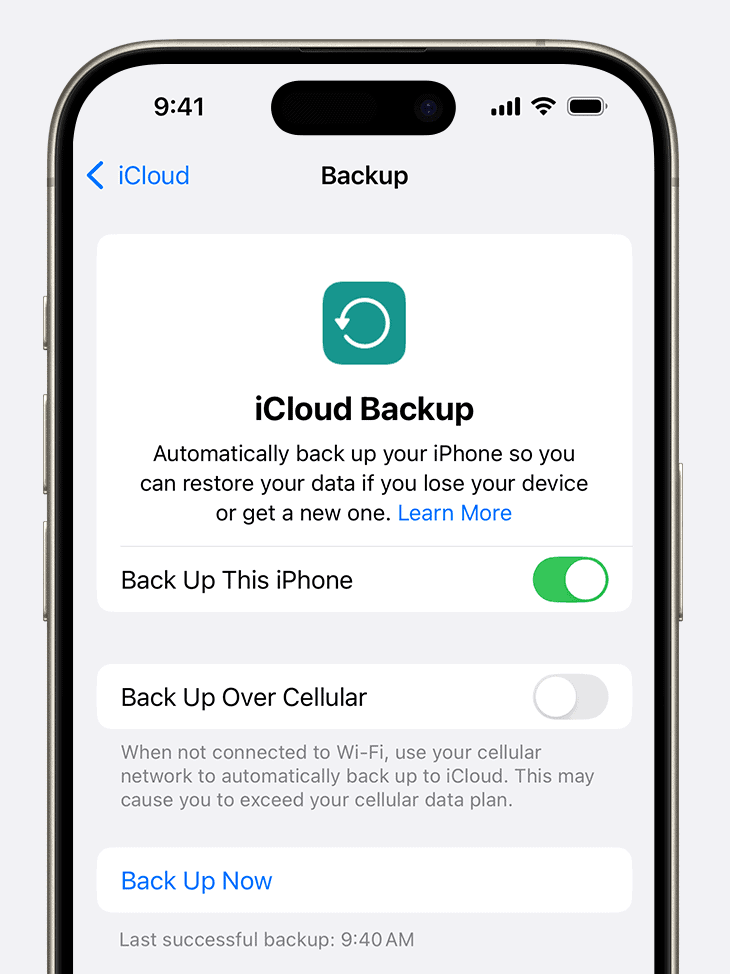 iPhone iCloud Backup settings screen.