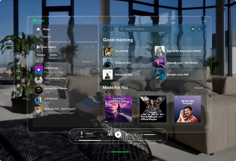 Vision Pro spatial interface showing Liquid Glass panels reacting to light