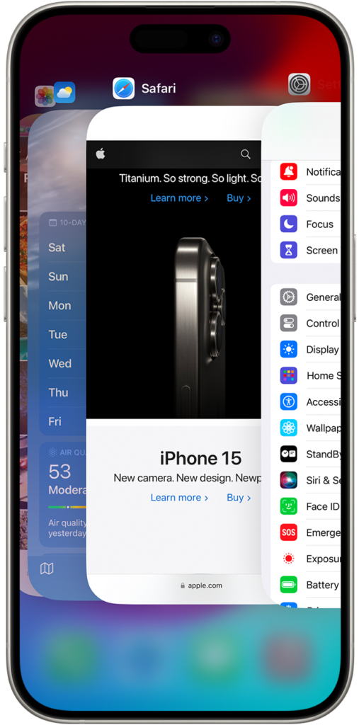 iPhone 15 Pro screen showing the iOS App Switcher with Safari, Settings, and Weather apps open in a multitasking view.