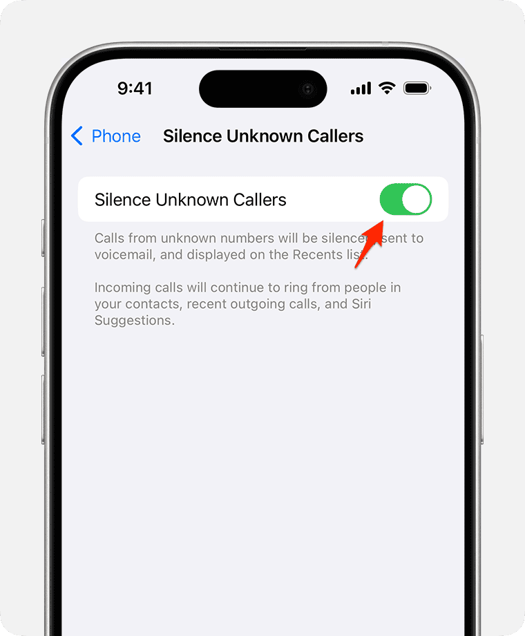 Silence Unknown Callers setting on iPhone