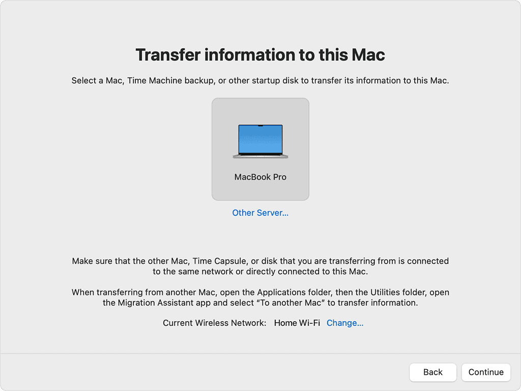 Screenshot of the macOS Migration Assistant setup screen showing options to transfer data from another Mac, Time Machine backup, or a startup disk to a new Mac computer.