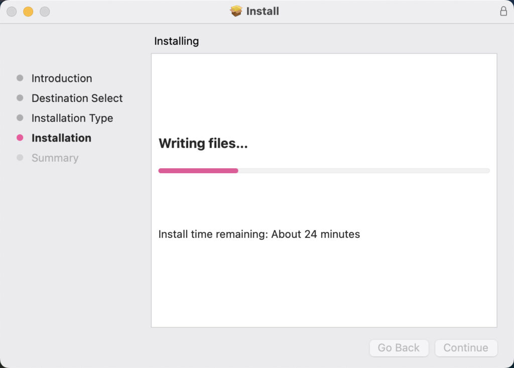 NordVPN macOS installer window displaying the 'Writing files' stage with a progress bar and estimated time remaining.