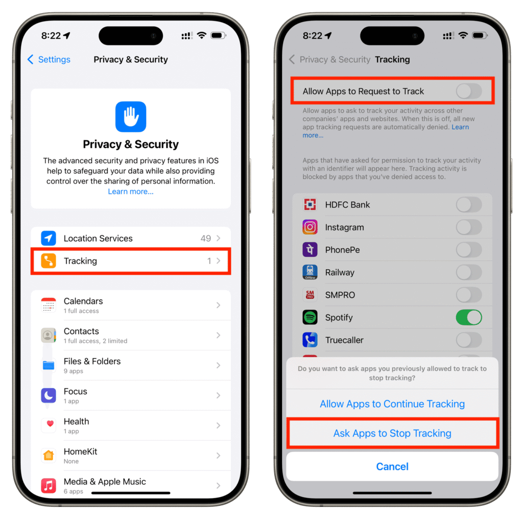 Screenshot showing App Tracking toggle in Privacy settings