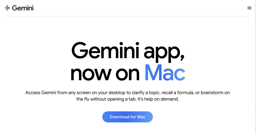 Official Google Gemini app for Mac landing page featuring a 'Download for Mac' button and a description of native desktop access for brainstorming and productivity.