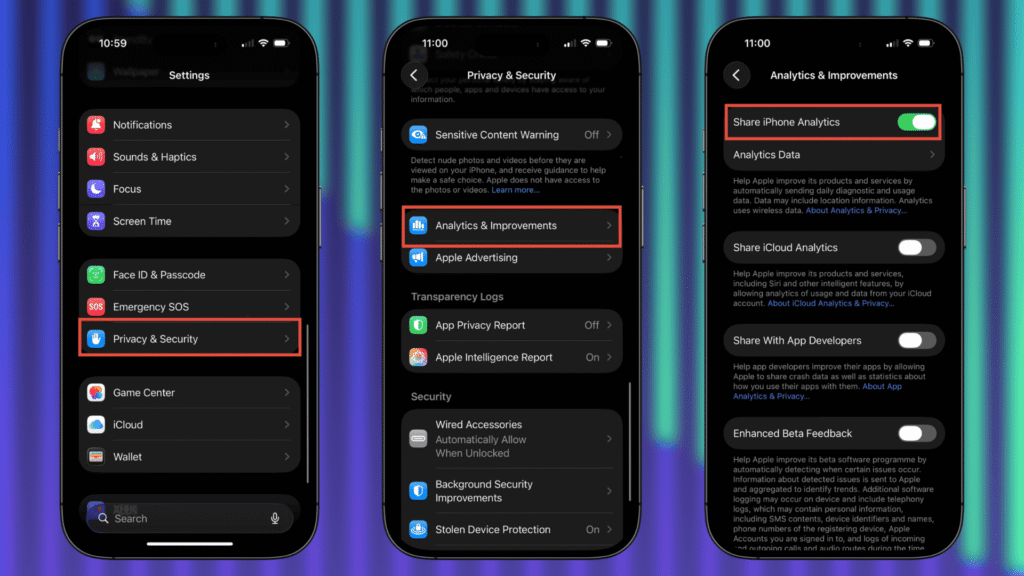 Turn OFF share iPhone Analytics iOS 26