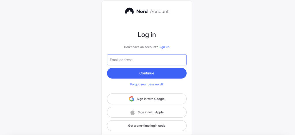 NordVPN login screen on a web browser featuring options to sign in with an email address, Google account, Apple ID, or a one-time login code.