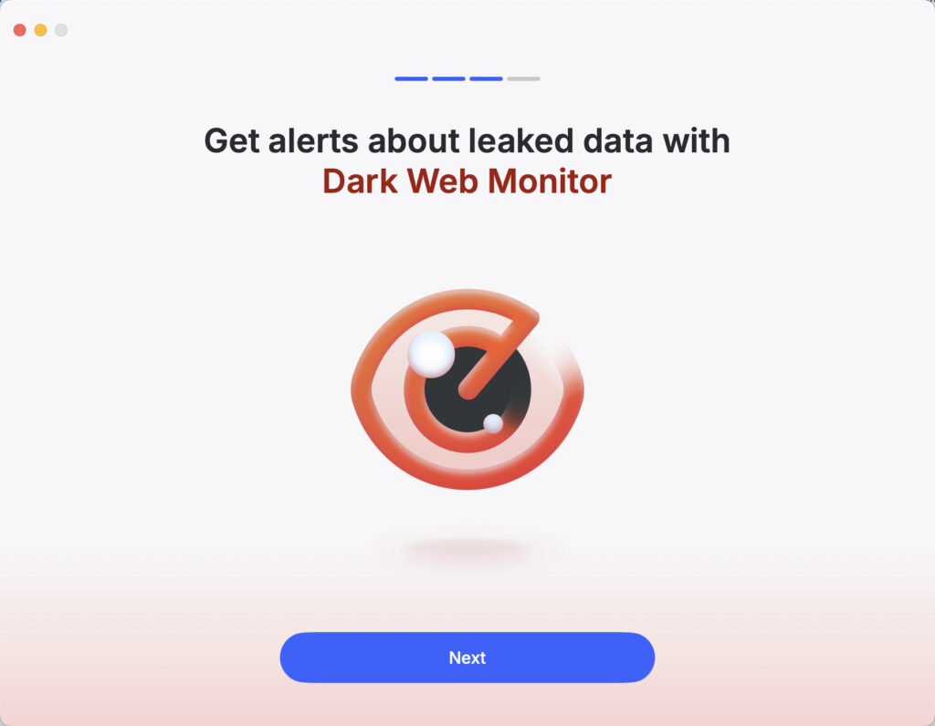 NordVPN Dark Web Monitor setup screen on Mac, showing the feature that alerts users about leaked personal data and credentials.