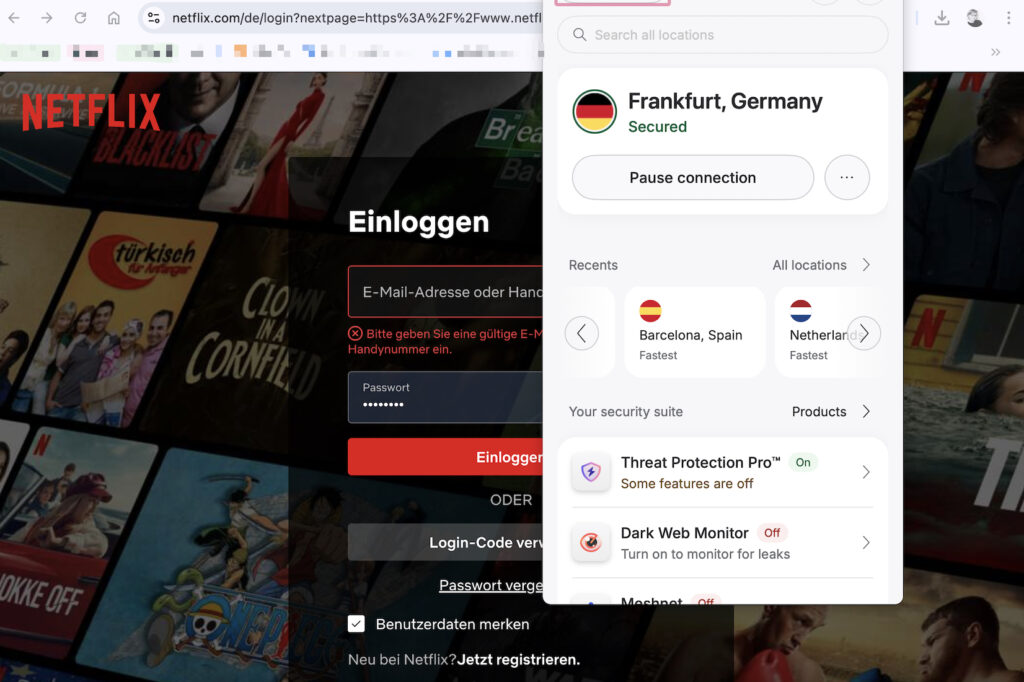 NordVPN macOS application connected to a secure server in Frankfurt, Germany, positioned over a Netflix login screen to demonstrate regional content unblocking and streaming privacy.