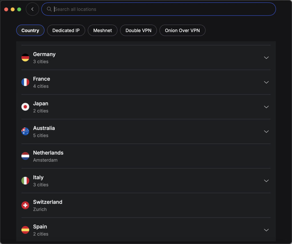 NordVPN macOS app interface displaying a list of server locations including Germany, France, Japan, and Australia with specialized connection toggles for Dedicated IP, Meshnet, and Double VPN.