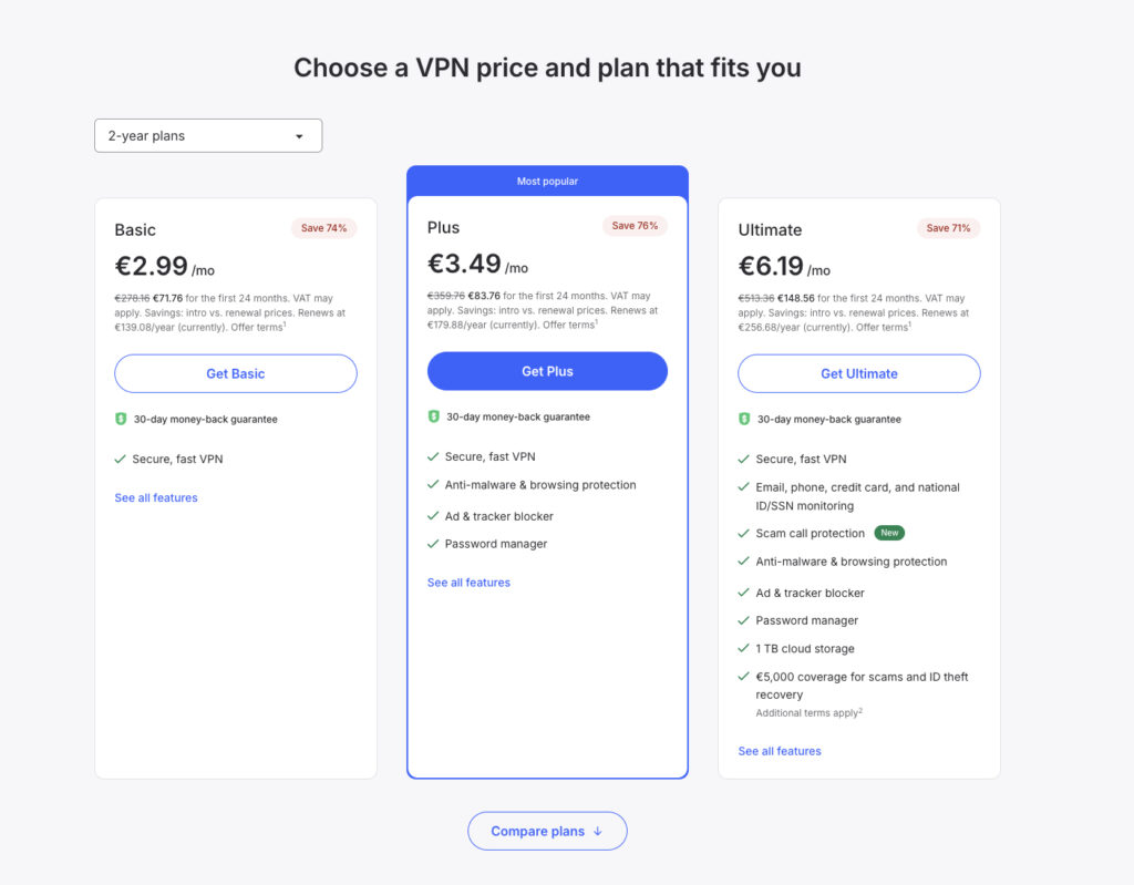 NordVPN subscription pricing plans for 2026 showing Basic, Plus, and Ultimate tiers with features like anti-malware, password manager, and data breach monitoring.