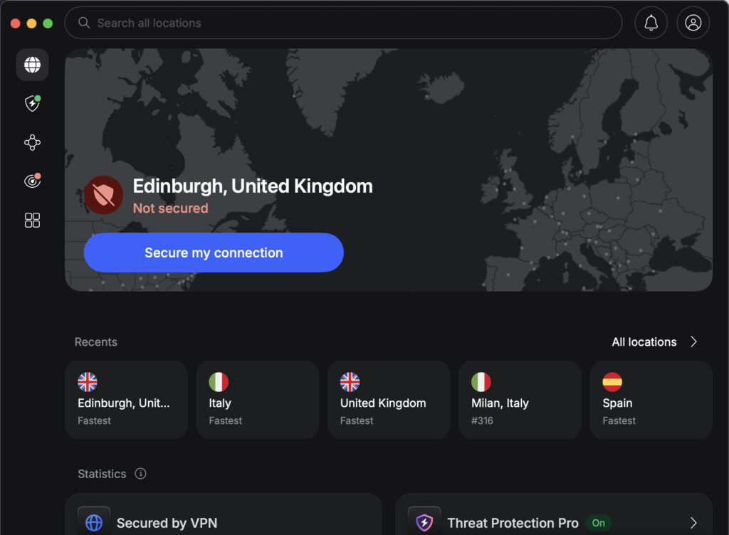 NordVPN macOS dashboard showing a "Not secured" status for Edinburgh, United Kingdom, illustrating a connection toggle delay after a system restart
