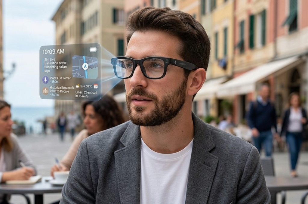 A real-world example of AR glasses displaying contextual information powered by AI.