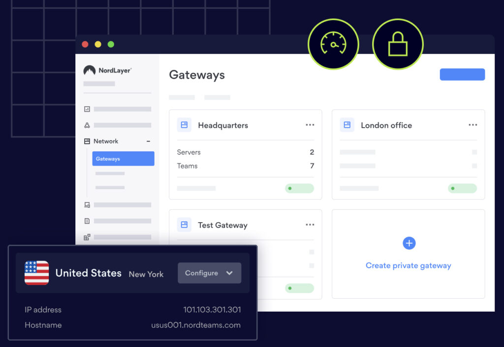 NordLayer secure gateway management dashboard on a Mac displaying private network configuration for 'Headquarters' and 'London office' locations. A pop-out window shows specific server details for a United States connection in New York, including the IP address and hostname.