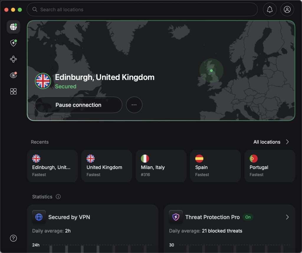 NordVPN macOS app dashboard showing a secure connection to a server in Edinburgh, United Kingdom, with Threat Protection Pro enabled and real-time connection statistics.
