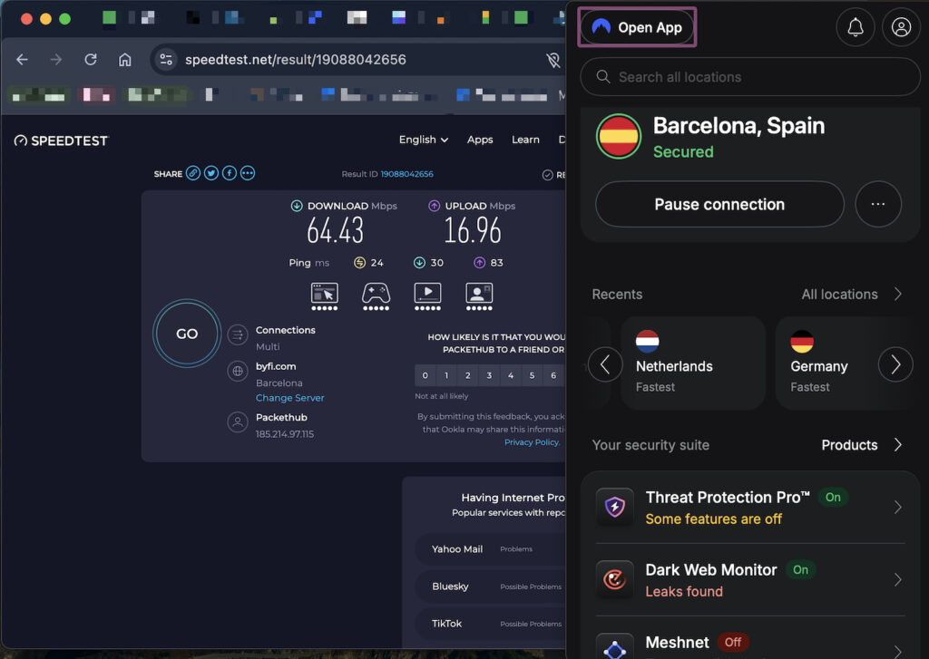 NordVPN speed test on a fiber connection showing 64.43 Mbps download speed while connected to a Barcelona, Spain server using the NordLynx protocol for high-performance streaming.