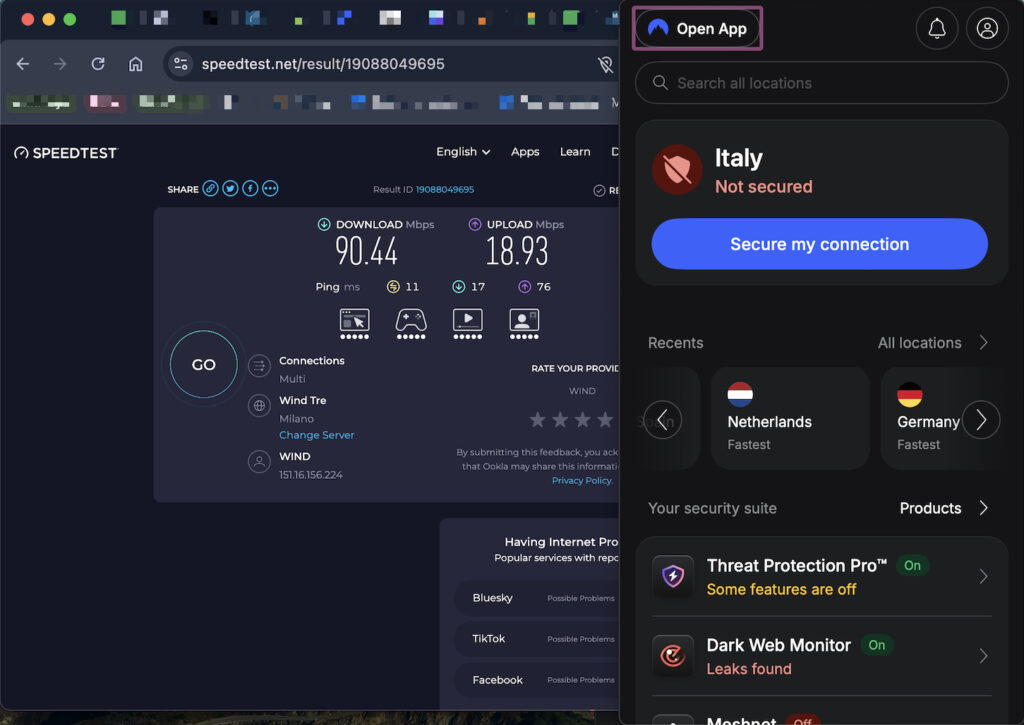 Baseline fiber internet speed test without VPN showing 90.44 Mbps download speed and 11ms ping for comparison against NordVPN encrypted connection speeds.