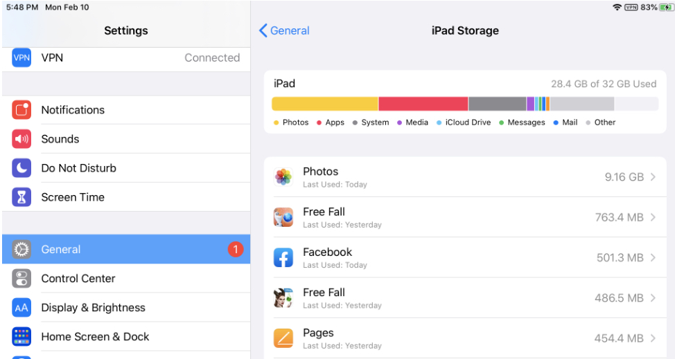  iPad Storage settings showing used space