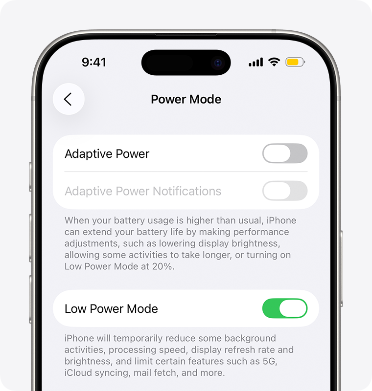 Low Power Mode toggle in Battery settings