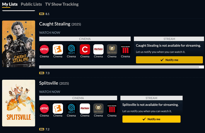 Screenshot of JustWatch interface showing watchlist and notifications