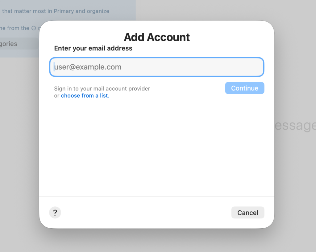 Add Account email setup window on Mac