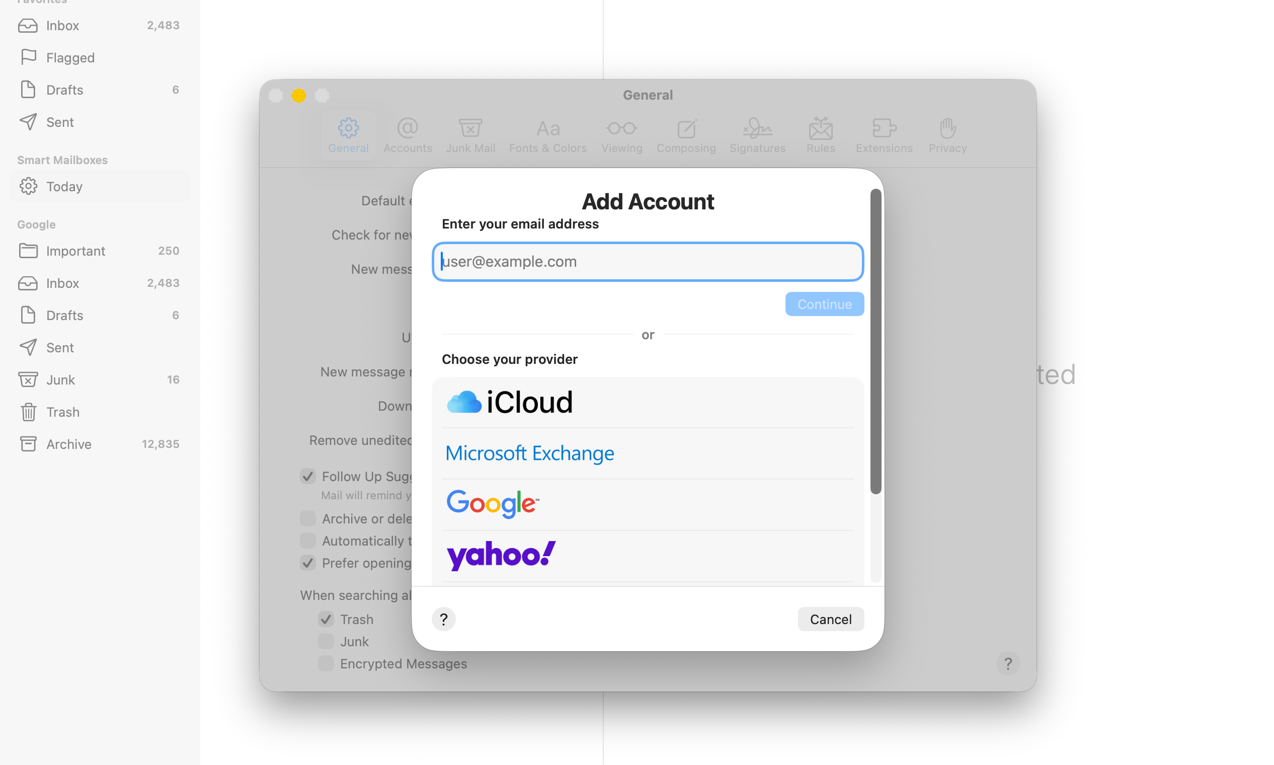 Add account screen in Mail app