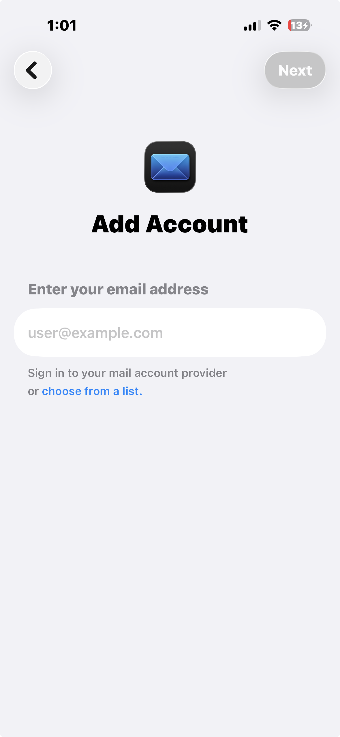 Add email account screen in Mail settings