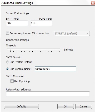 Advanced email server port and SMTP settings panel.