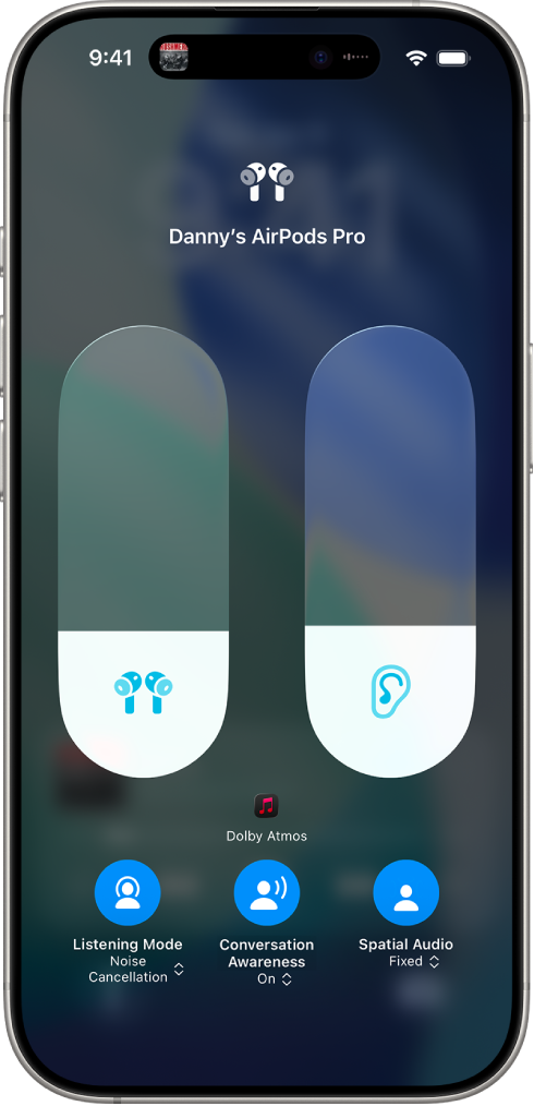  iPhone Control Center showing AirPods audio controls