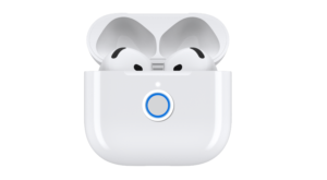 AirPods case open with pairing button highlighted for connection mode.