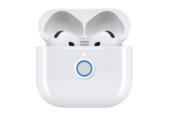 AirPods case open with pairing button highlighted for connection mode.