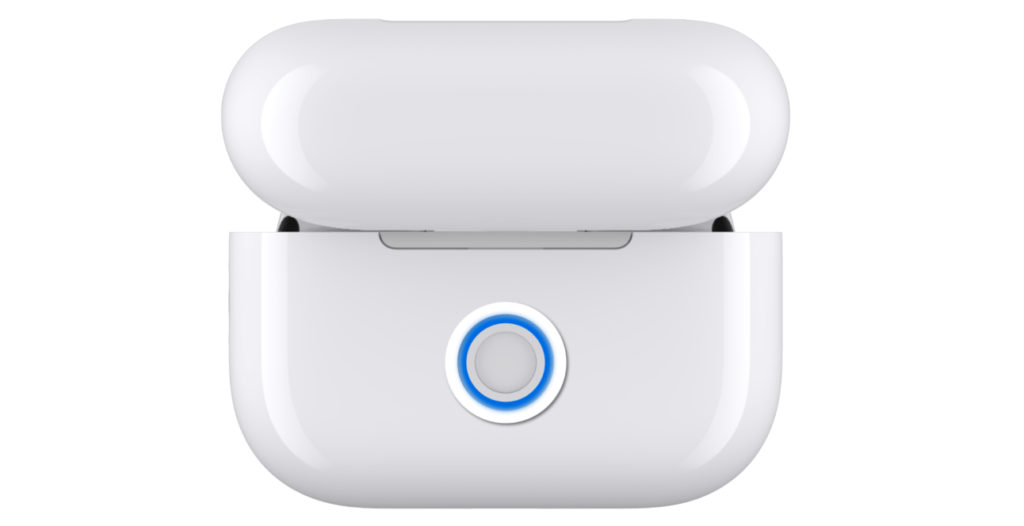 AirPods case open with pairing button highlighted on the front.
