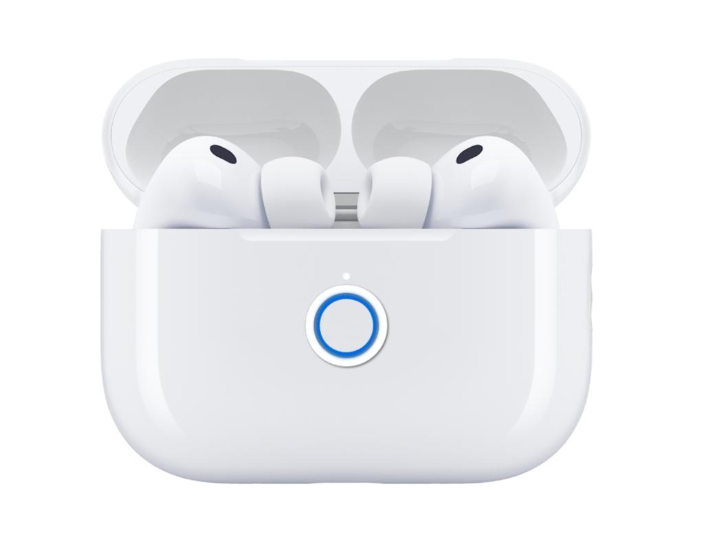 AirPods case with pairing button highlighted on the front