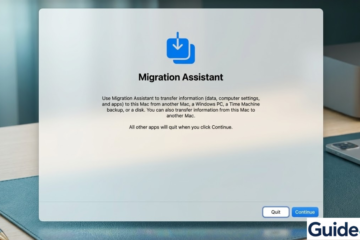 A modern Mac desktop environment showing the Apple Migration Assistant window on a translucent glass UI, set against a blue-green themed office background for a Guide4Mac tutorial.