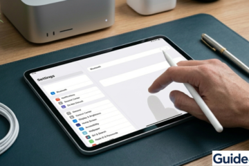 An Apple Pencil Pro resting next to an iPad Pro on a desk with blue-green Guide4Mac branding, illustrating a troubleshooting guide for connectivity issues."