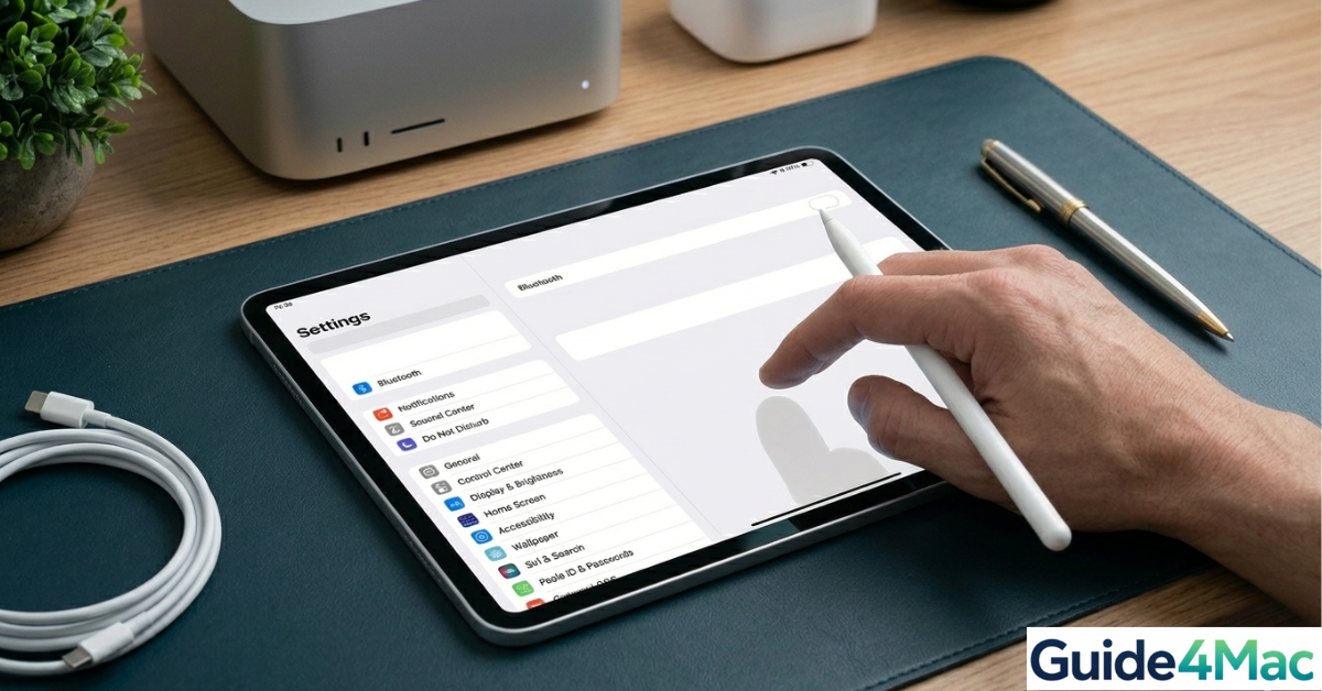 An Apple Pencil Pro resting next to an iPad Pro on a desk with blue-green Guide4Mac branding, illustrating a troubleshooting guide for connectivity issues."