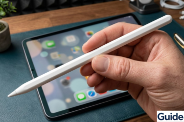 n Apple Pencil attached to the magnetic charging port of an iPad Pro on a desk with blue-green Guide4Mac lighting, showing a troubleshooting setup.