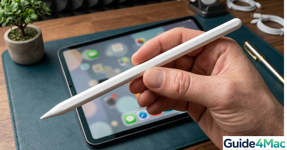 n Apple Pencil attached to the magnetic charging port of an iPad Pro on a desk with blue-green Guide4Mac lighting, showing a troubleshooting setup.