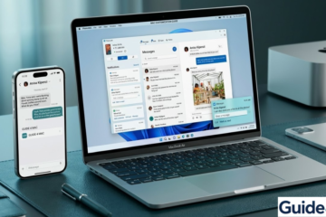 An iPhone 17 Pro linked to a Windows 11 MacBook Air displaying synchronized Microsoft Phone Link text messages from Anisa Kipenzi, illustrating a cross-platform workspace.