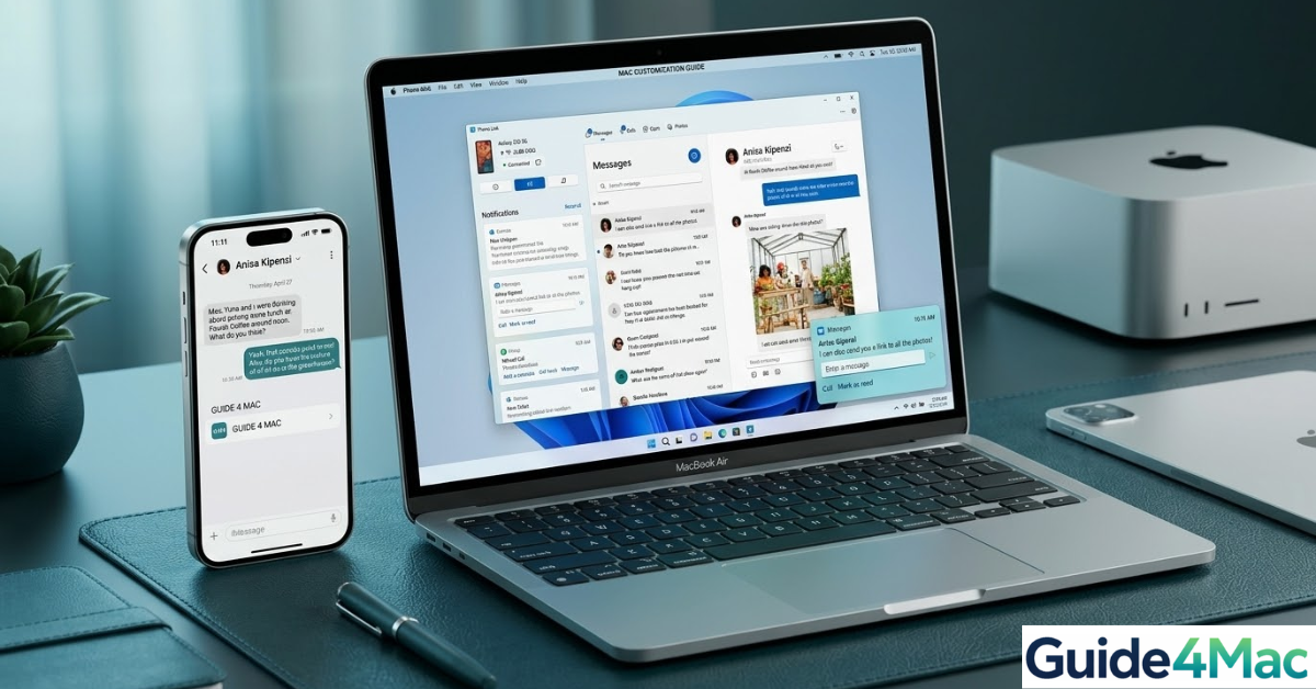 An iPhone 17 Pro linked to a Windows 11 MacBook Air displaying synchronized Microsoft Phone Link text messages from Anisa Kipenzi, illustrating a cross-platform workspace.