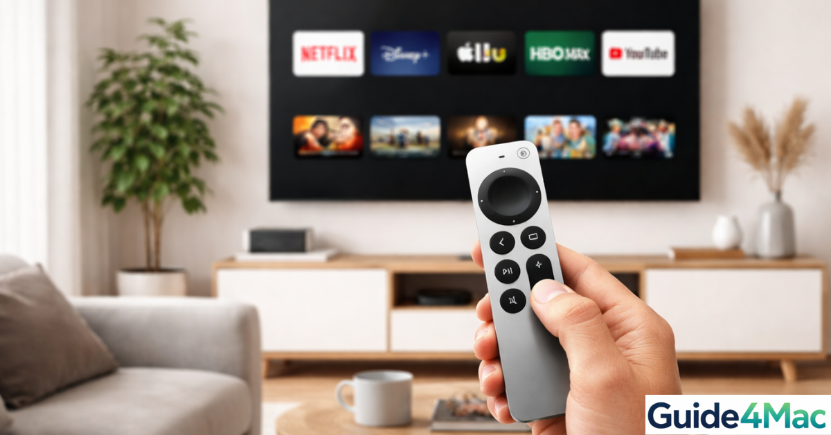 Modern living room with wall-mounted flat-screen TV showing streaming apps and a person holding an Apple TV-style remote control, cozy sofa, coffee table, and natural light.