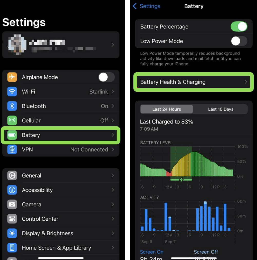 Go to Battery Health and Charging