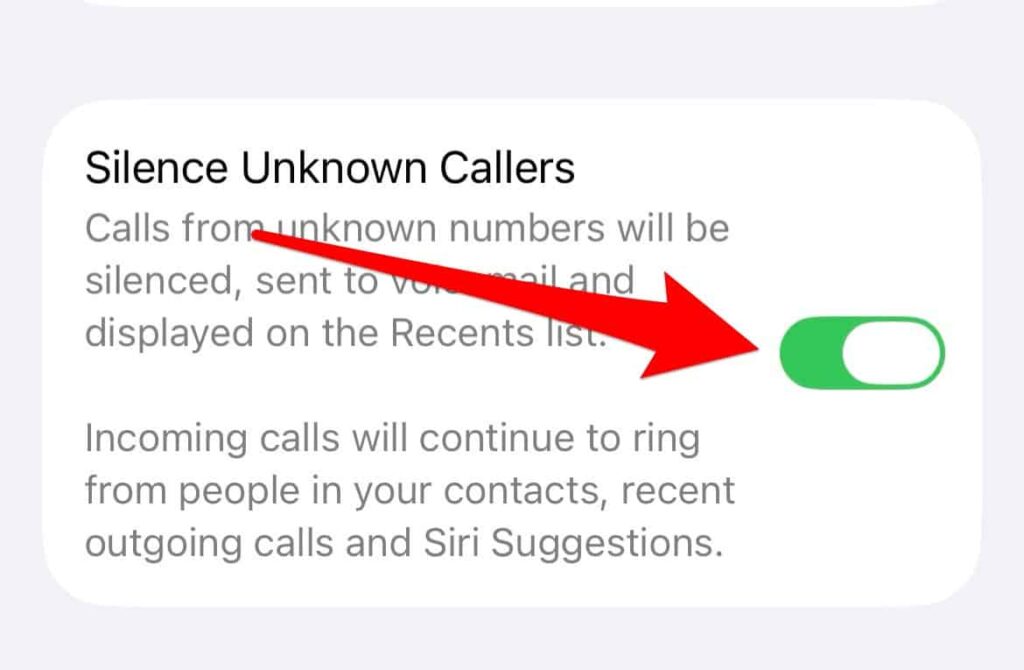 Screenshot of Silence Unknown Callers button on iPhone
