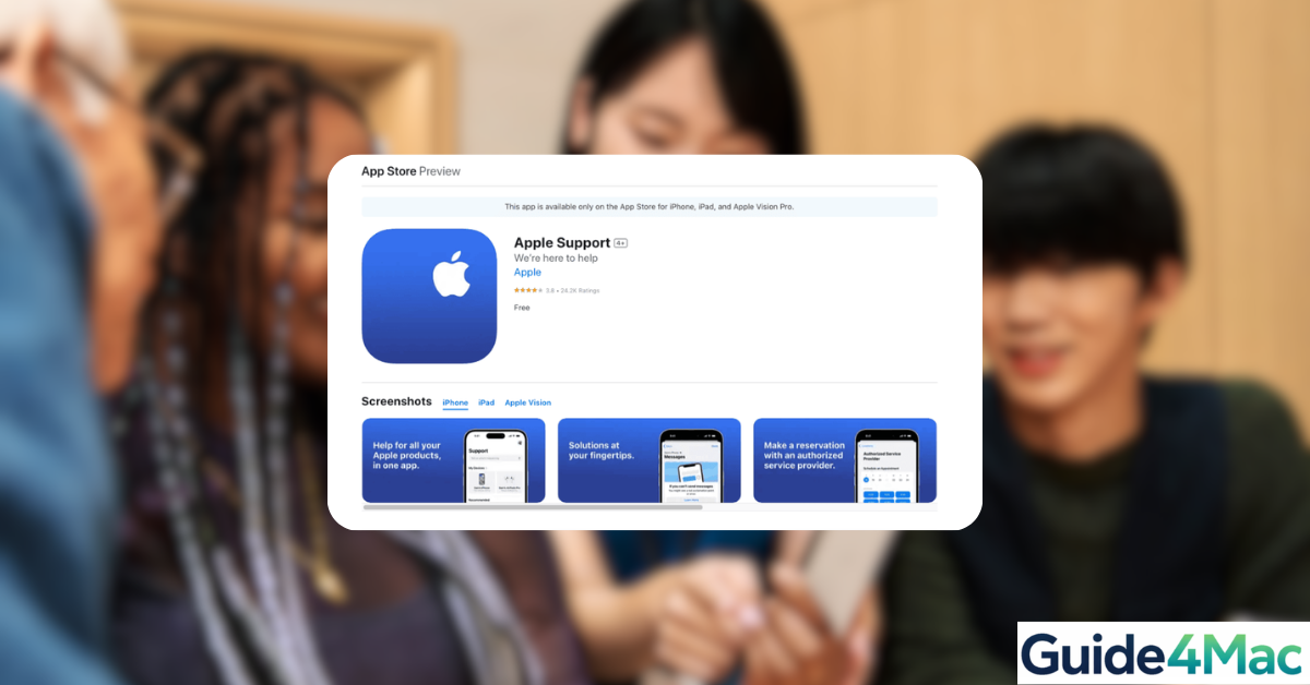 Apple Support app listing on the App Store showing the Genius Bar reservation interface, featured on a branded Guide4Mac troubleshooting article.