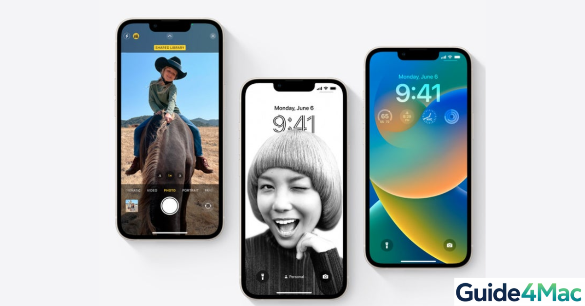 Three iPhones displaying different iOS Lock Screen interfaces including photo, portrait, and widget-based layouts.
